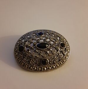 Oval Marcasite Brooch Pin Silver Tone with Black Stones